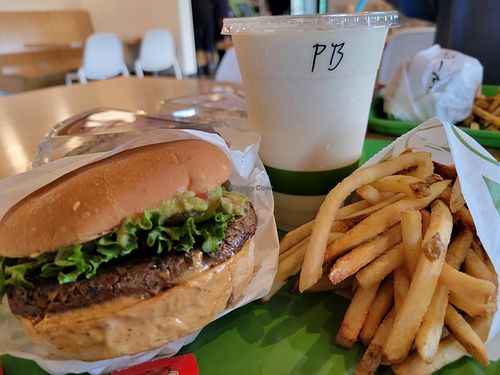 Avo black bean with fries and peanut butter shake at Plant Power Fast Food in Hollywood