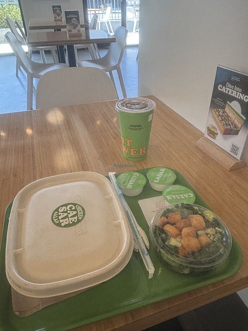 Chick’un Caesar Salad with Chocolate Shake  at Plant Power Fast Food in Hollywood