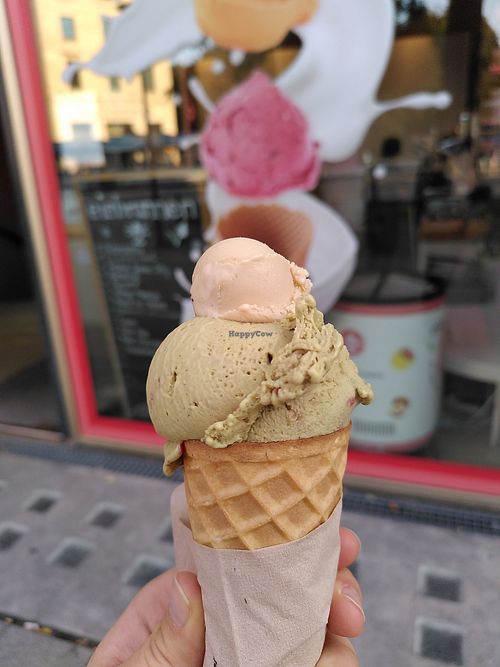 Pumpkin seed cherry and popcorn (both amazing) at Eisbrunnen - Vegan Ice Cream in Munich