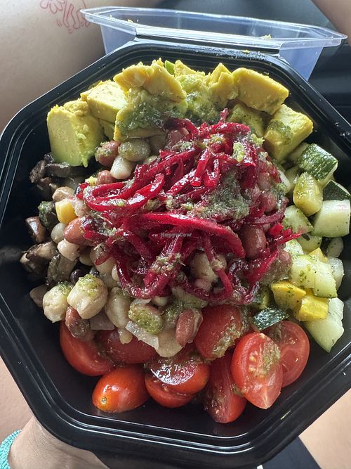 Avocado, white beans, black beans, pinto beans, beets, portabello mushrooms, yellow and green zucchinis, tomatoes😄 at Melao Coffee Shop in Ponce