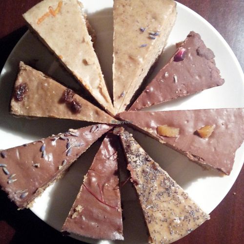8 different types of raw cake at The Restaurant of Life in Budapest
