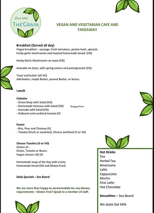 Our Menu  at The Grain Cafe in Halifax