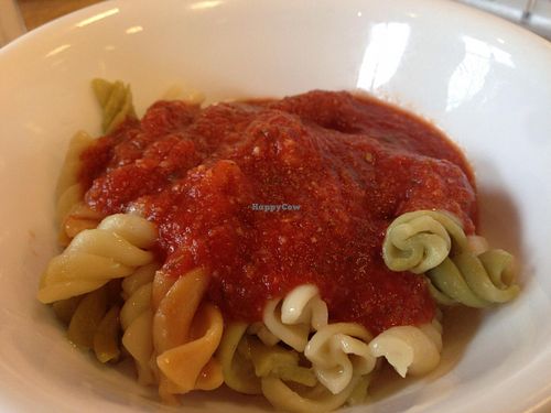 Pasta with marinara. They also offer spaghetti and a white creamy sauce.  at Mean Greens in Denton