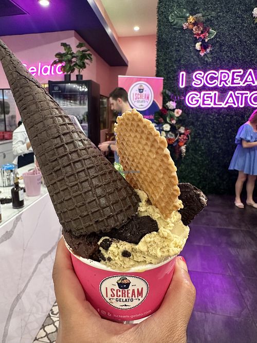 Pistachio and dark chocolate ice cream with a chocolate cone.  So decadent!  at I Scream Gelato in Miami Beach