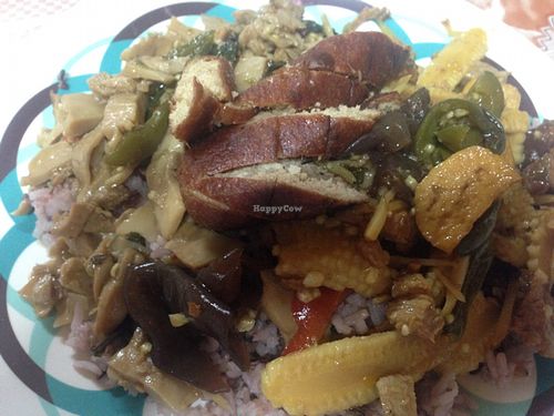 30baht plate of mixed veg with sausage on top. at Ming Kwan in Chiang Mai