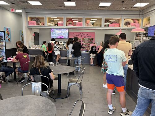 Interior, facing the donut counter  at Once Bitten Donuts in Red Bank