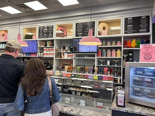 Interior, facing the ice cream counterr at Once Bitten Donuts in Red Bank