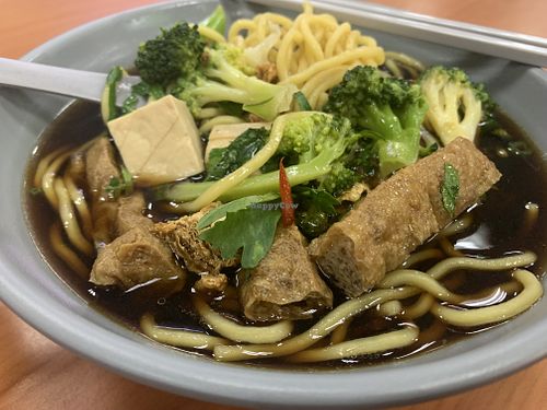 Special request: yellow noodles Kway Chap with no mock meat. Soup is flavourful    at Ah Tiong Vegetarian Food in West Singapore