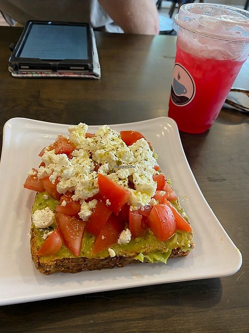 Vegetarian avocado toast with feta, tomatoes, salt &pepper, avocado and oil on a multi grain bread at Koupa Espresso Bar in Haddon Township