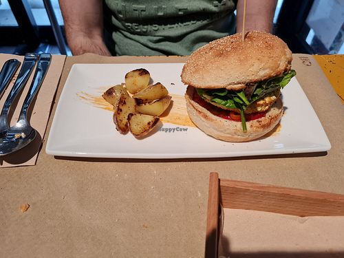 Burger with piperrada, delicious at Penguin Bar in Bilbao
