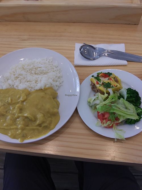 Salad, white rice, Aji de No Gallina at ConSuLado Vegano in Lima