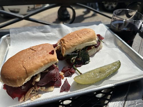Beet pastrami sandwich-vegan as is  at Latchkey Deli in Lawrence