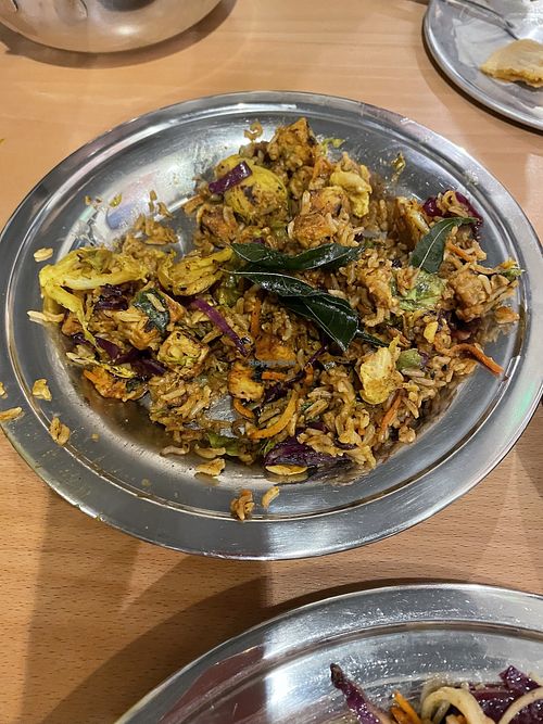Tempeh bacon Brussels sprouts fried rice   at The Sudra in Portland
