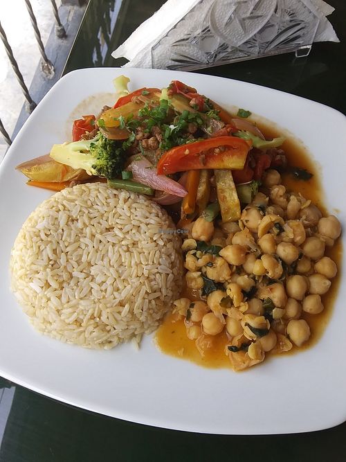 Meal of the day... Mixed veggies with soy bits, brown rice and garbanzo beans at Restaurante Union Vegetariano in Lima
