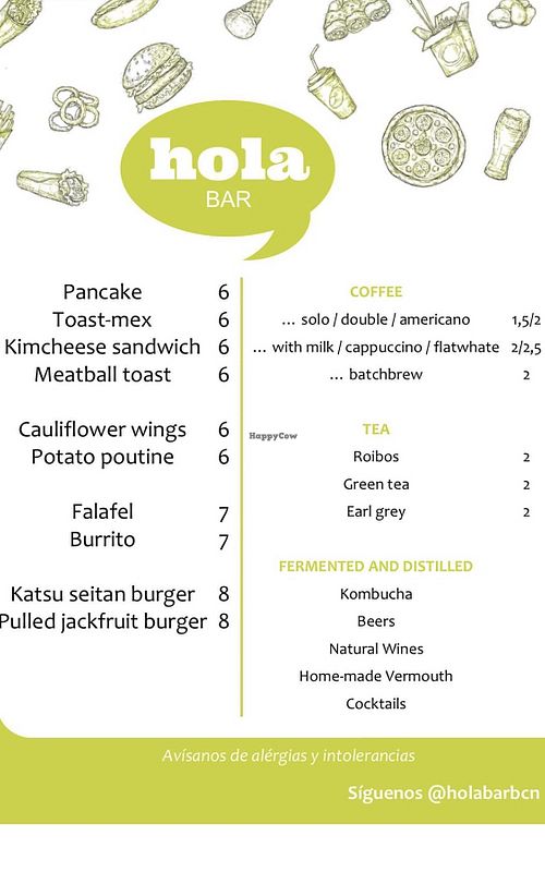 Menu  at Hola Bar in Barcelona