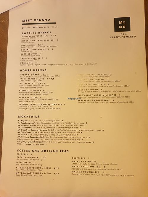 Menu at Meet Vegano in Malaga