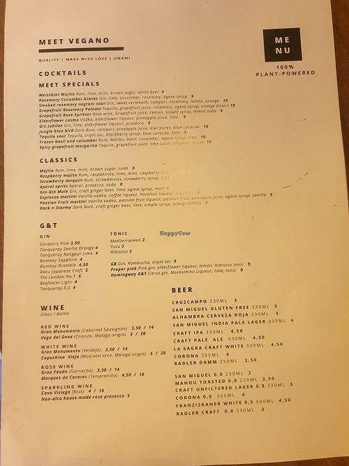 Menu drinks at Meet Vegano in Malaga