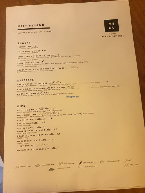 Menu - snacks desserts dips at Meet Vegano in Malaga