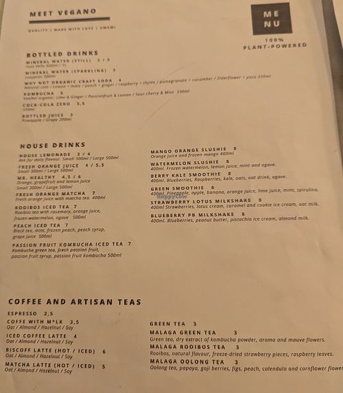 Drinks Menu page 2 at Meet Vegano in Malaga