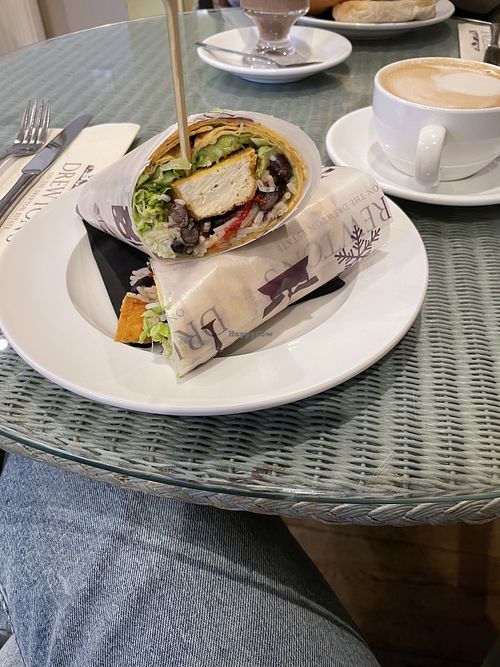 Protein breakfast wrap and oat milk flat white   at Drewton's in Brough