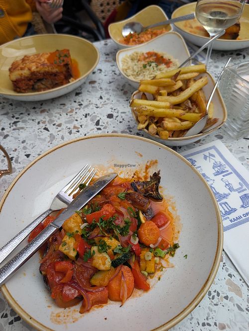 Eggplant with veggies. The moussaka is vegetarian. Vegan side dishes. at Kreta Mezes & Grill in Deventer