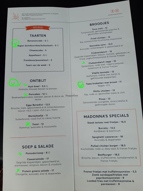 current food menu (8/25): "x" for veganizable, "(v)" for vegan at MADONNA in Amersfoort