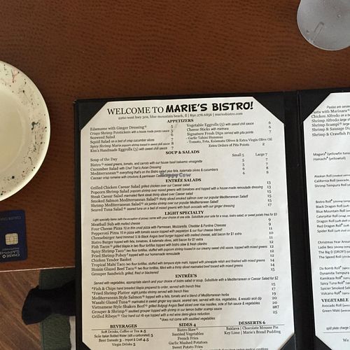 dinner menu at Marie's Bistro in Santa Rosa Beach