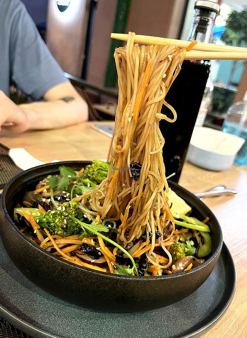 Veganized Chow Main with vegetables: when ordering, ask not to add oyster sauce. Chinese noodles, broccoli, carrots, mushrooms, cabbage, oyster sauce, onions, garlic, spices. at Janpho in Yerevan