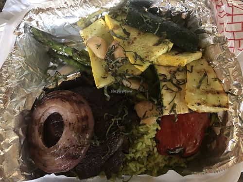 Grilled vegetable plate - $16, includes portobello mushroom, garlic, pesto rice (vegan), zucchini, squash, red onion   at The Shack in Covington