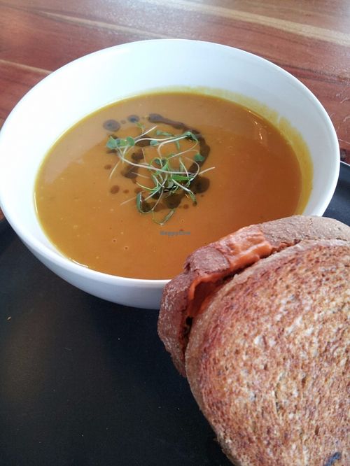 Vegan spiced sweet potato soup and vegan cheese toastie at Source Foods in Perth