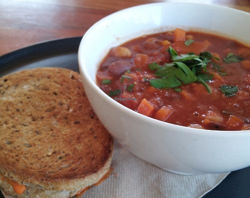 Hearty minestrone soup and vegan cheese toastie at Source Foods in Perth