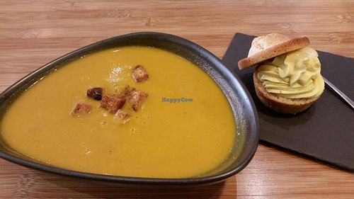 I think this was sweet potato and butternut soup with Rye bread. It was ok.

 at Botaniq in Copenhagen