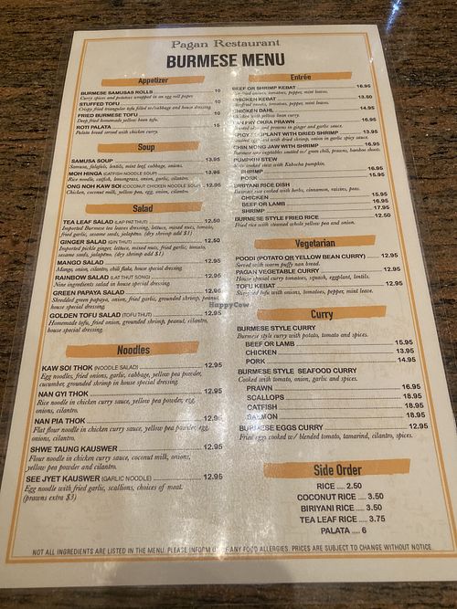 Burmese Menu  at Pagan in San Francisco