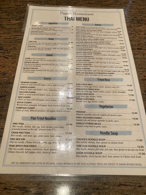 Thai Menu  at Pagan in San Francisco