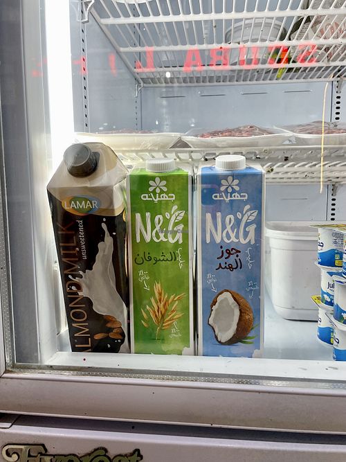 Local plant based milks oat, coconut and almond  at Fresh Juice in Dahab