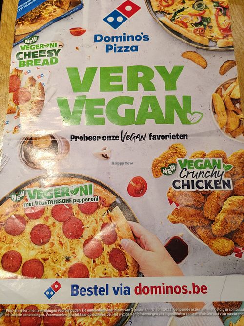 Menu currently offers 3 vegan pizza's, vegan crunchy chicken and vegan vegeroni cheesy bread at Domino's Pizza - Meensesteenweg in Kortrijk