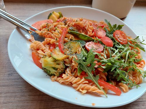 (image from January 2024, dish no longer on menu but may still be veganized)

Pasta Romesco - Fresh pasta with Spanish vegetable sauce (10.90€) at Olive Fulda in Fulda