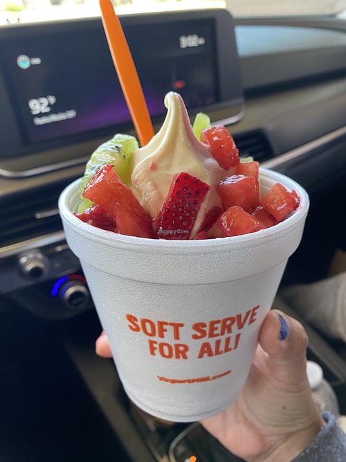 Vegan California Swirlin’ (Pineapple Strawberry Lemonade) w/Kiwi and Strawberries 🍓😛  at Yogurt Mill in Modesto
