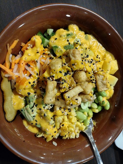 Build-your-own bowl with brown rice base & vegan ginger dressing ~ so good! at Aloha in Quakertown