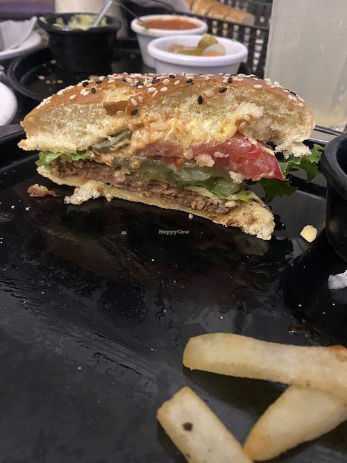 Burger Cut in Half - All Textures Messy but Good  at Restaurante Vegetariano Terra Nostra in Mexico City