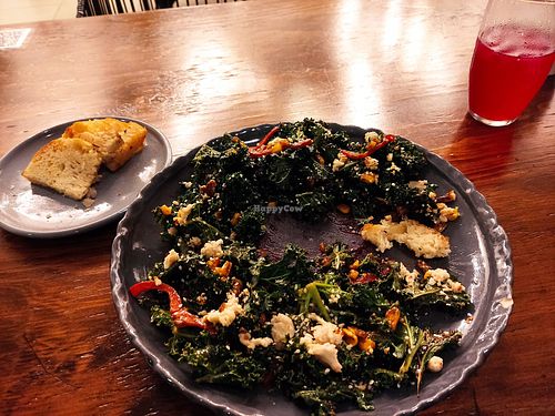 Kale salad with baked almond feta, olive oil bread and homemade beetroot lemonade at Pianta in Bogota