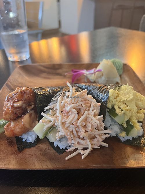 Spicy shrimp, snow crab, and sweet Just egg rolls  at The Plant Lab in Los Angeles