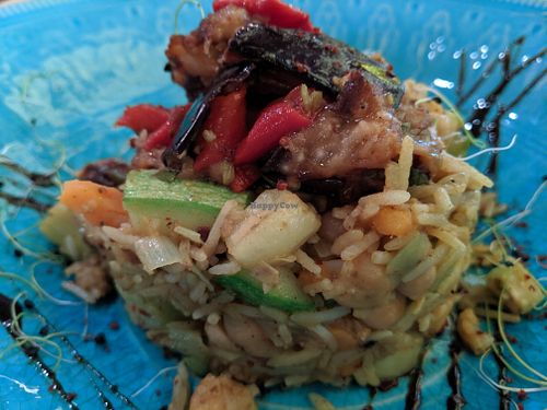 rice stack with roasted vegetables at Sunmoon - Alabin in Sofia