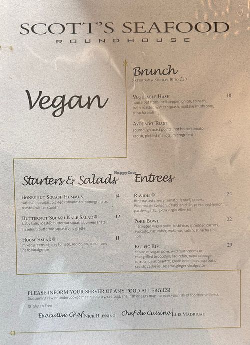 Vegan Menu for March 2024  at Scott's Seafood Roundhouse in Folsom