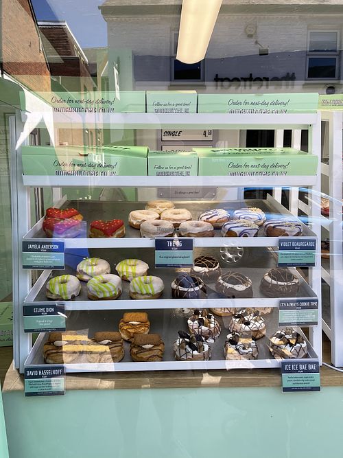 The vegan half of the display case  at Doughnut Time in Wokingham