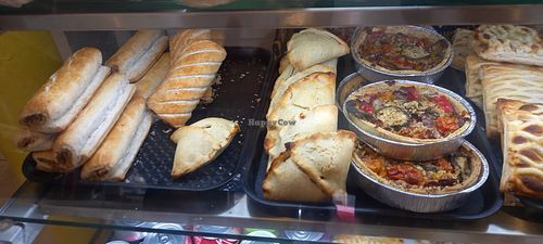 Vegan veg rolls, aubergine and also mushroom ones, veg samosas and Mediterranean tarts...very reasonably priced. at Dunbar Community Bakery in Dunbar