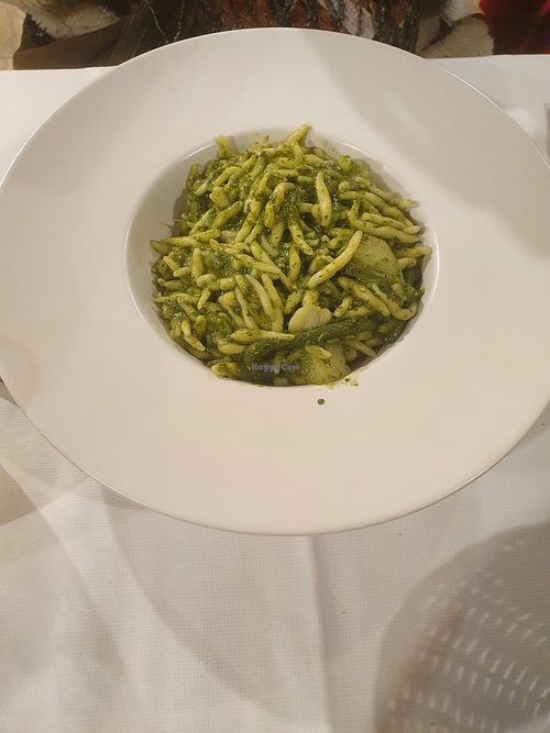 "Trofie" (handmade noodles) with vegan pesto at Trattoria Pizzeria Le Due Lune in Levanto