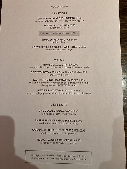 Vegan menu  at 1906 in Cumnock