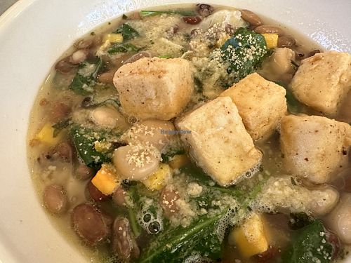 Heirloom Bean Cassoulet,
shaved fennel, butternut squash, baby kale, sage, herbs, crispy tofu, breadcrumbs
  at Side Street Kitchen in Point Reyes Station