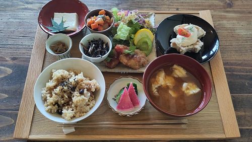 First item on menu, おまかせ野菜定食 at Cafe Ametsuchi - 菜食 in Bandai
